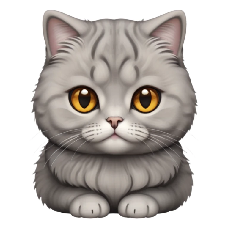 Cinematic-Fluffy-Grey-Scottish-Fold-Cat-Portrait-Emoji – Head tilted cutely with big, sparkling amber eyes, soft solid-grey fur with a velvety sheen, signature folded ears giving an irresistibly endearing look, simplified yet charmingly adorable features, highly detailed, glowing with a soft and warm charm. sticker