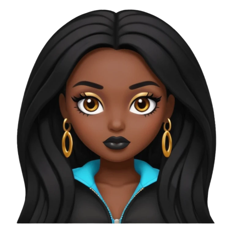 pretty black skin bratz baddie, black makeup, brown eyes, long black black people hair sticker