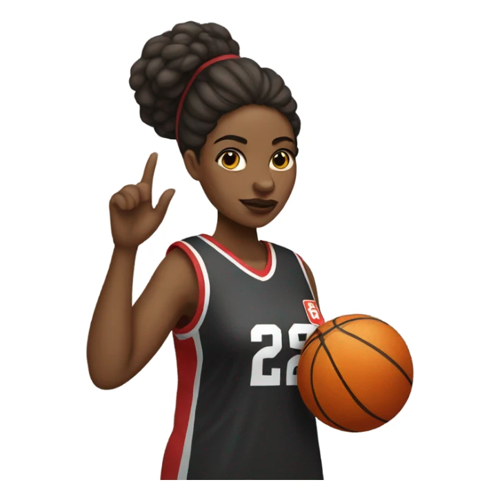 Black women with a basketball jersey on, holding a stop sign sticker