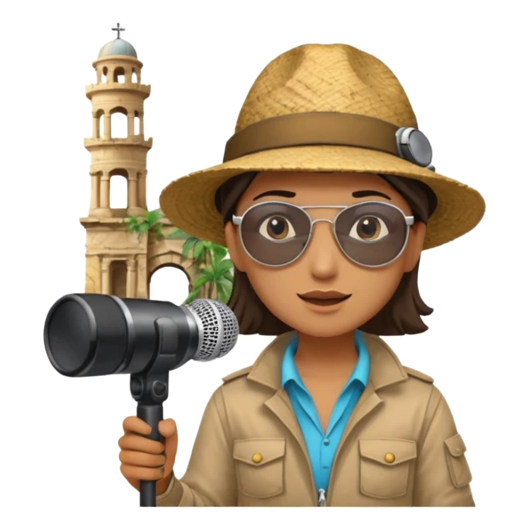 Icon for Documentary Film: A TV-style design with a traveler speaking in front of ancient ruins. Include details like a microphone, the traveler in casual explorer attire, and the ruins in the background. Capture the atmosphere of an informative journey through history. Transparent background. sticker