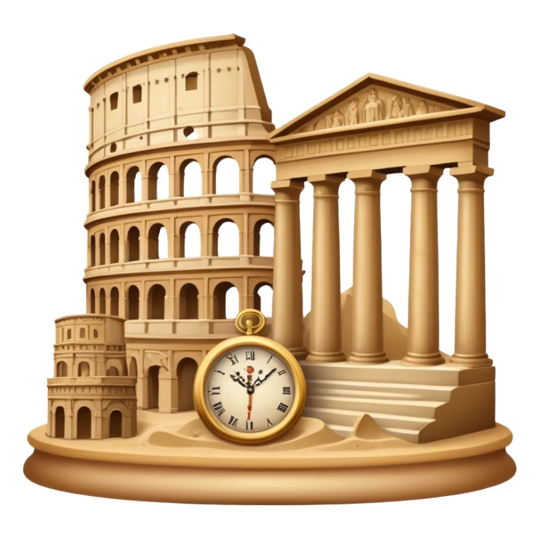 icon featuring ancient scrolls, quill pen with famous historical landmarks and monuments in the background like colliseum. Large, antique sand clocks with sand pouring out represent the passage of time. Historical figures are depicted as statues. Transparent background. sticker