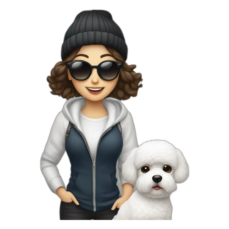 mujer piek blanca con gorro gafas y con perro bichon maltés blanco sticker