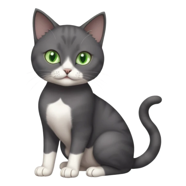 beautiful female solid dark grey cat with green eyes, white toes/paws and white patch on her chest playing sticker