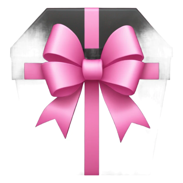 A black coffin-shaped box with a large pink ribbon tied in a bow on the front, against a pink background sticker