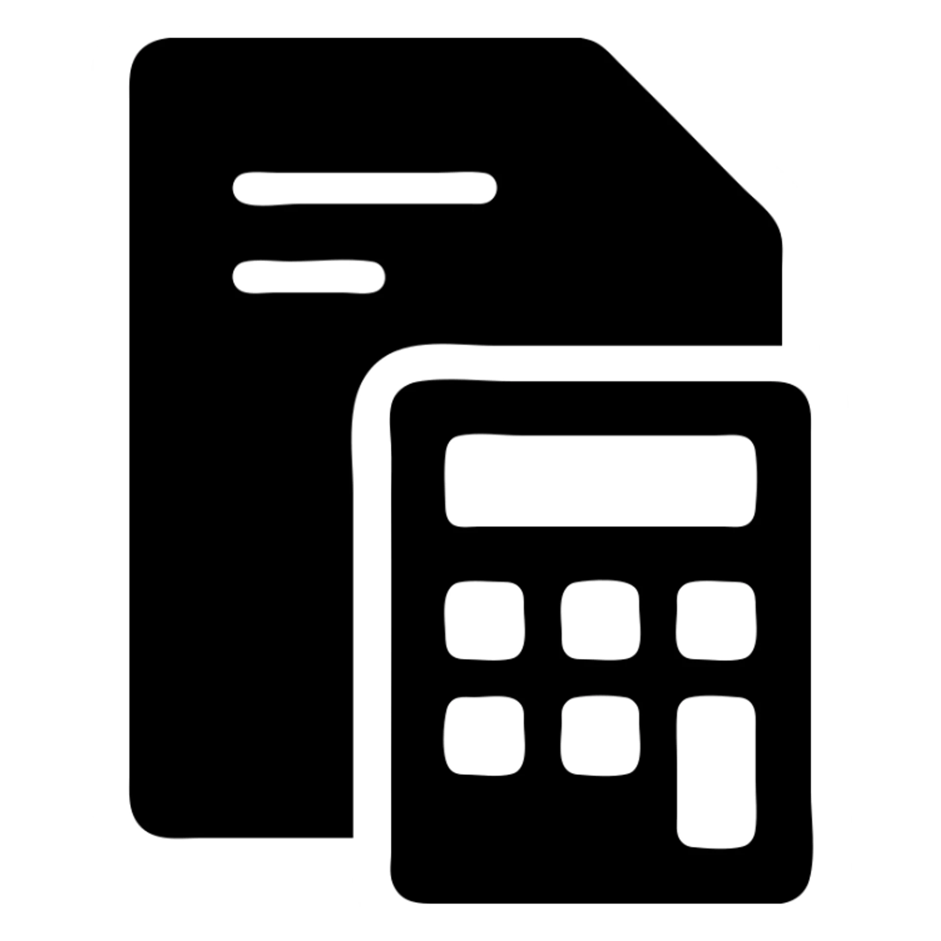 estimate icon, calculator and document, solid black, bold, simple sticker