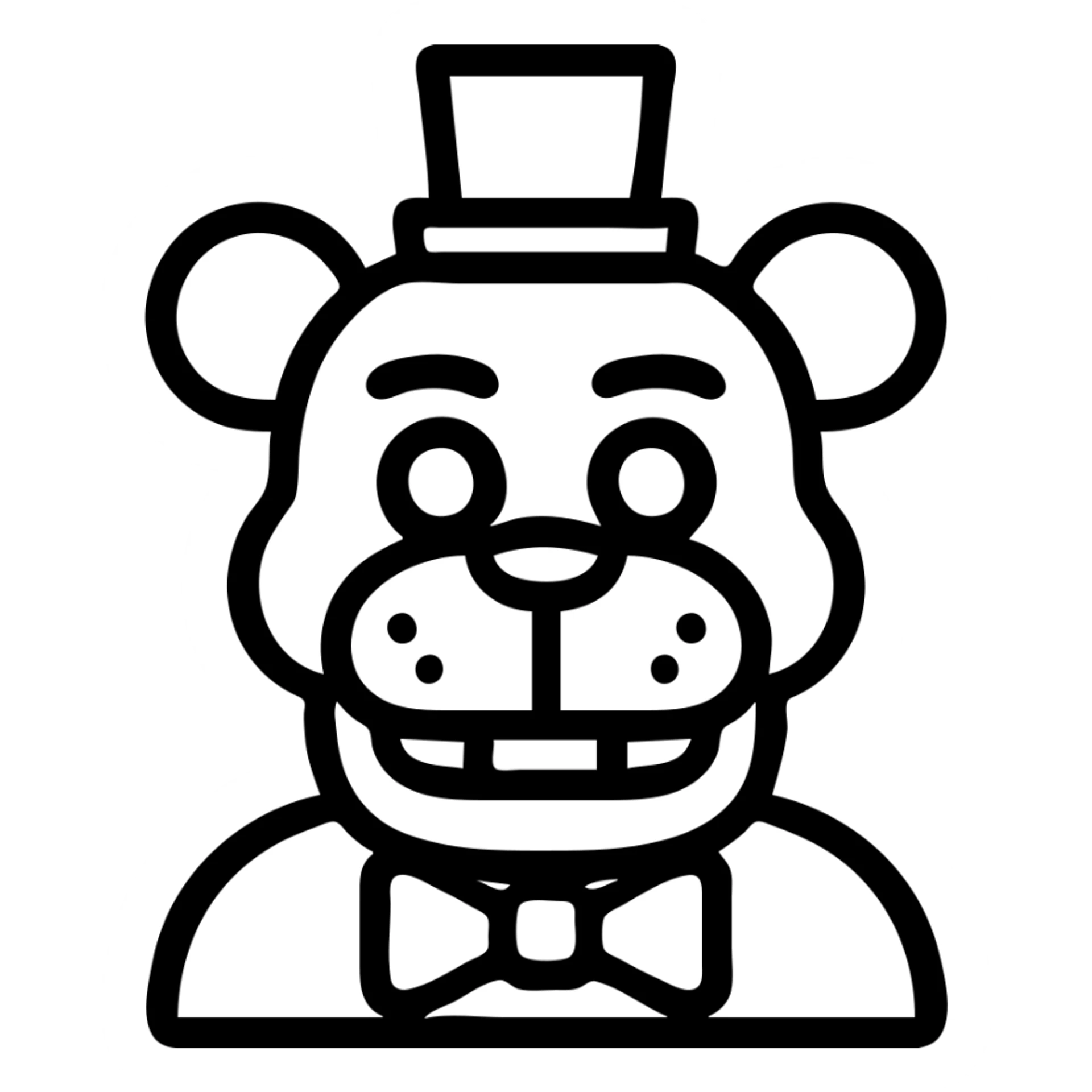 Freddy Fazbear from Five Nights at Freddy's, outlined icon style, brown bear animatronic, black top hat, bow tie sticker