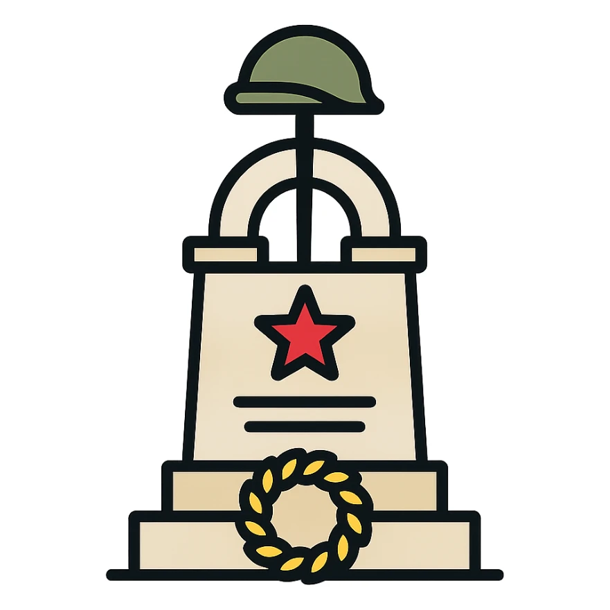 stylized war monument in Malta, clean lines, sober colors, military iconography, light background sticker