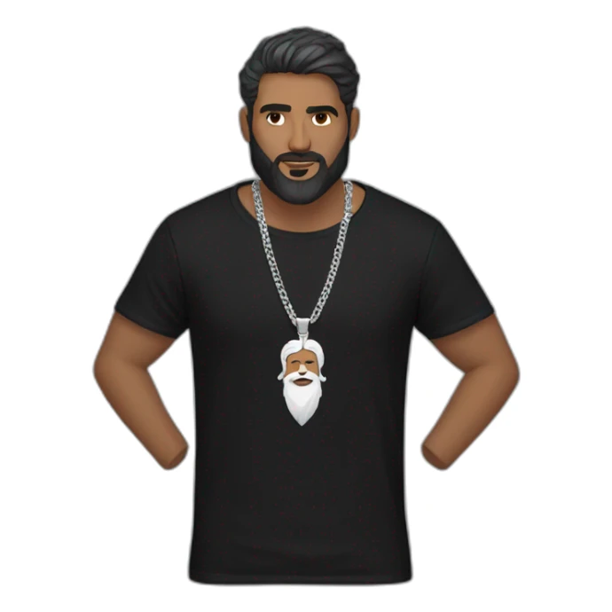 A white Indian man with beard wearing men silver chain,styled on a black Full sleeve tshirt sticker