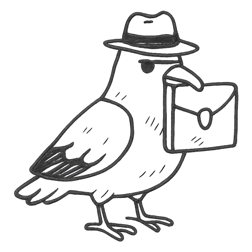 hand drawn outline style sketchy spy pigeon with a secret file sticker
