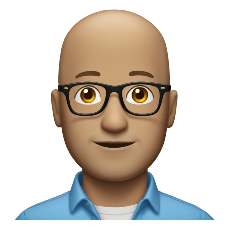 bald man in blue shirt black glasses sticker