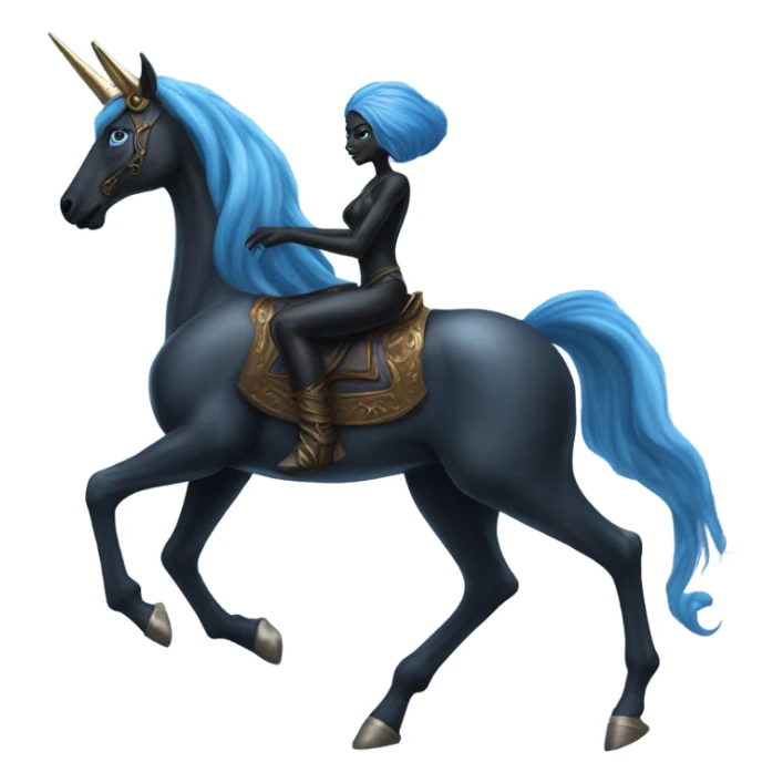 a blue amazon alien woman on a black unicorn sticker