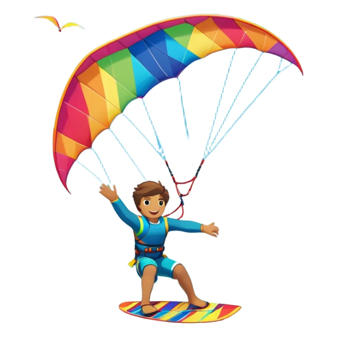 A vibrant kite soaring high in the sky, attached to a kiteboarder riding the waves below. The scene is filled with bright colors, capturing the energy of the sport. The background features the ocean, wind-blown waves, and a clear sky, showcasing the excitement and freedom of kiting. sticker