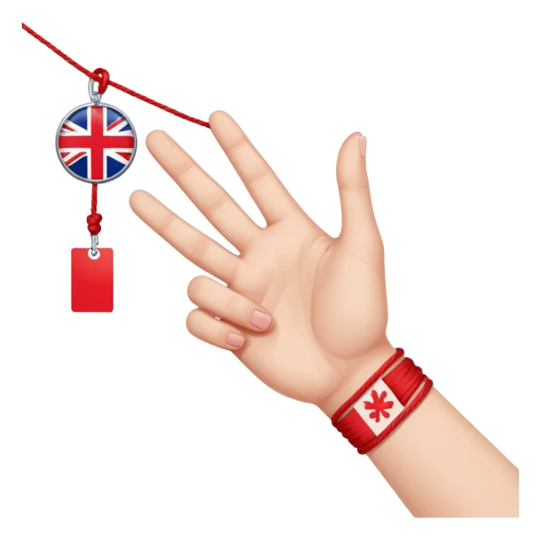 a hand with red string tied up to the pinky finger which shows a British Hong Kong flag to the red thread of fate sticker