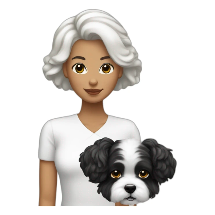mujer piel blanca con peinado de chongo negro con perro bichon blanco sticker