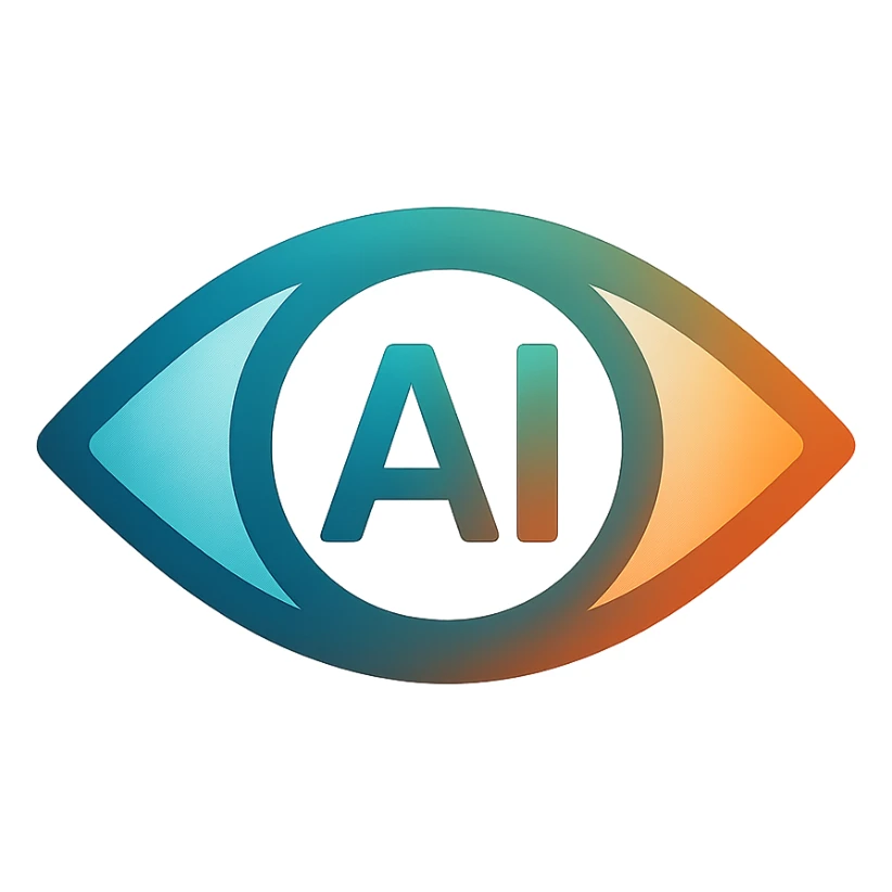 AI icon, futuristic eye, teal and orange color scheme, gradient design style sticker