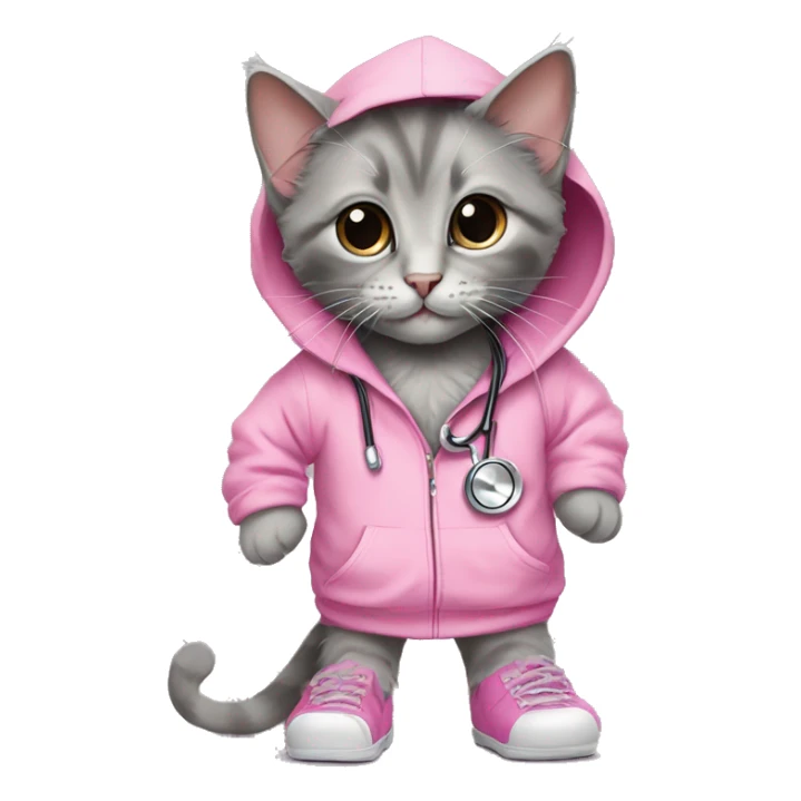 Rag doll kitten wearing oversized pink hoodie with rhinestones and a grey stethoscope and legs are wearing crocs sticker
