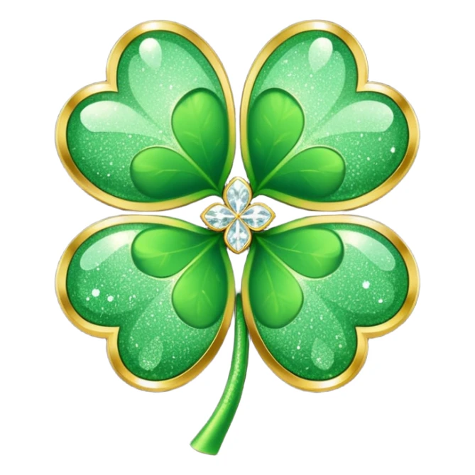 stylized, golden edged light green four leaf clover shamrock covered in glittering diamond dust sticker