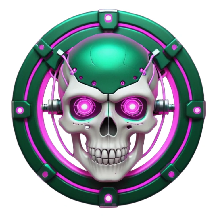 Cyberpunk shield, skull with cybernetic implants, glowing wires, dark electric green and pink tones, no background sticker