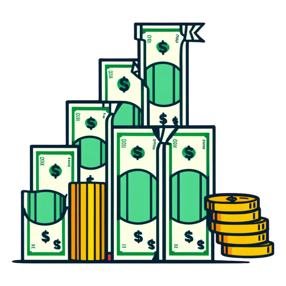 upward green arrow next to a tall growing stack of dollar bills and coins sticker