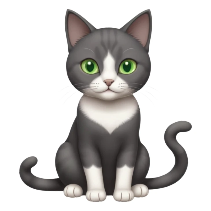 beautiful female solid dark grey cat with green eyes, white toes/paws and white patch on her chest playing sticker