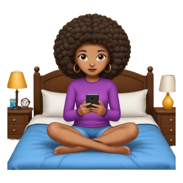 a slim thick black girl sitting on her bed with a big afroon her phone sticker