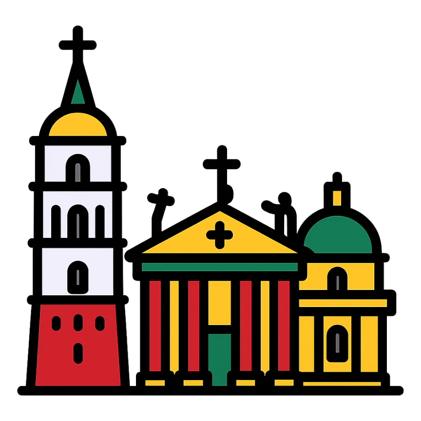 Discord role icon of Vilnius Cathedral Lithuania, simple bold style, emphasizing unique architecture and national colors sticker
