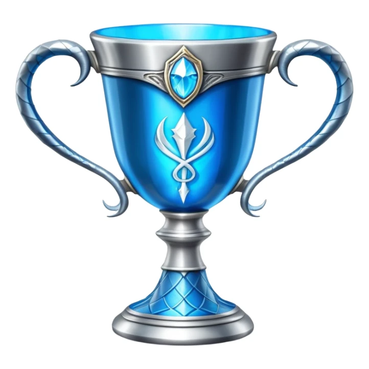 exact movie-accurate Triwizard Cup from Harry Potter, wide chalice with angular facets, two distinct silver snake handles curving upward, bright blue glow inside sticker