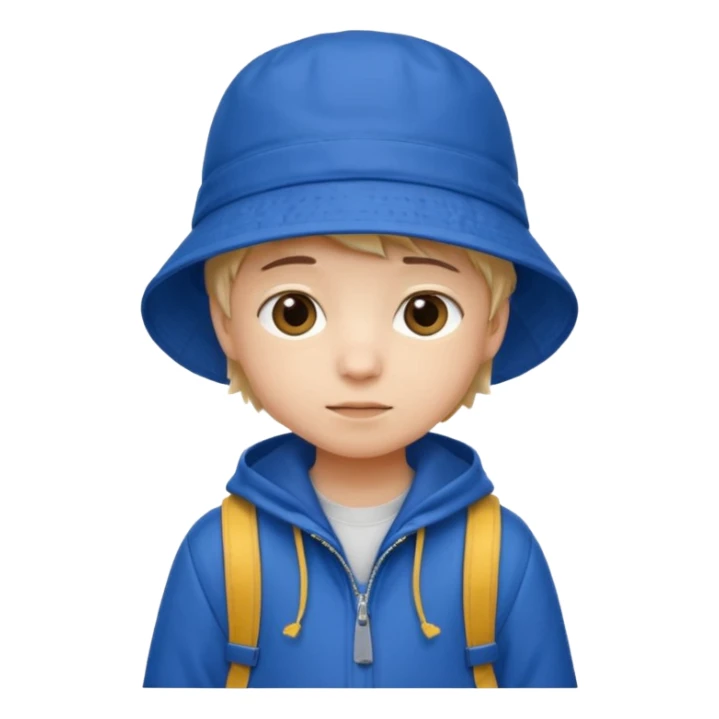Little student wears blue bucket hat and jacket, backpack, shy sticker
