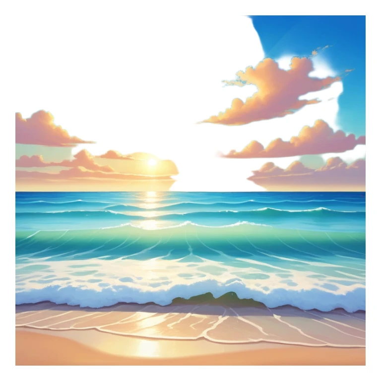 A beautiful  shoreless seascape with waves in warm tones under a bright sun, with the azure sea occupying the foreground. The sunlight reflects off the water, creating a vibrant, peaceful atmosphere. The background features a stunning sky with soft clouds and a distant horizon. sticker