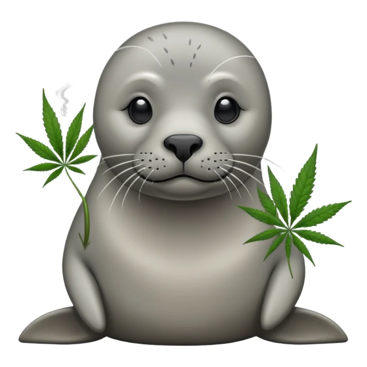 Grey slim seal sitting down and smoking weeds cannabis sticker