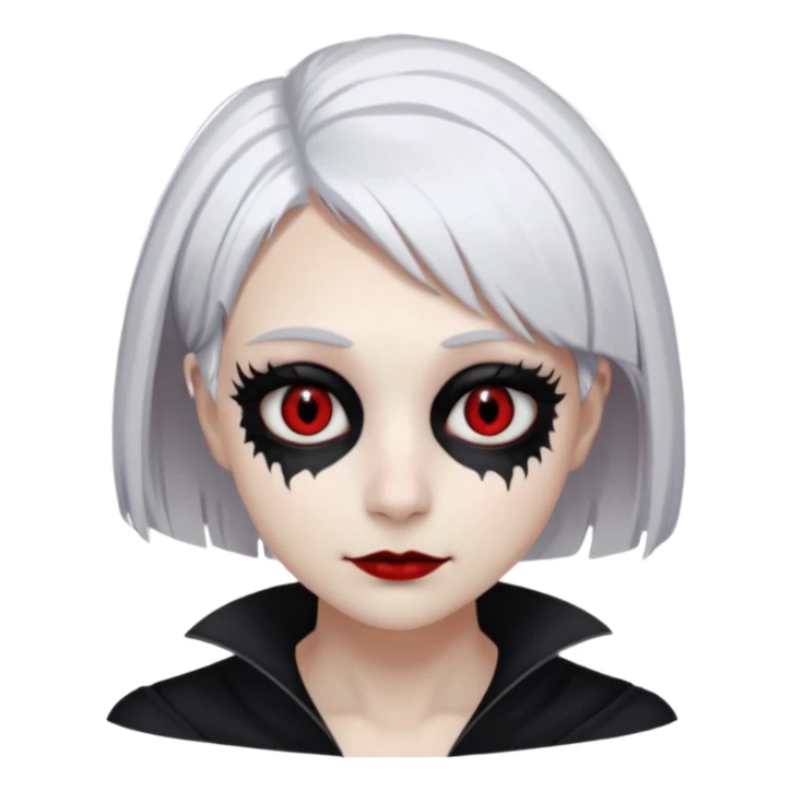 Afemale, unnatural eye color with veiny eyes, sickly skin texture combined with an unnatural creepy smile, liminal setting that feels wrong, uncanny eerie art style, scary femme fatale, bob cut, mole under eye, white hair, red iris, black mascara, black eyeshadow, Gothic white skin, sticker