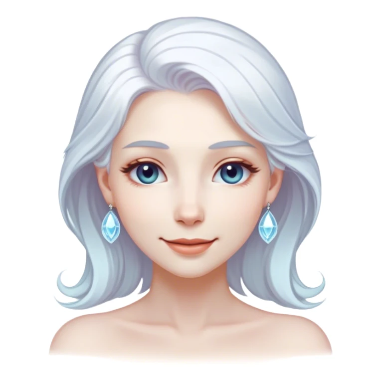 Cinematic Radiant Snow Queen Portrait Emoji, rendered in a realistic, vector style with clean proportions. Show Elsa with a gentle, confident smile, icy pale skin, and luxuriously styled platinum hair, her expression calm and regal. The image glows with a soft, enchanting icy luminescence, high shine, and is accented by a soft glowing outline that enhances her ethereal beauty. sticker