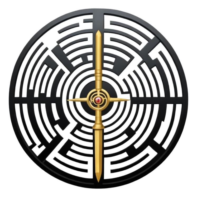 A vertical sword in the center of a circular maze, inside of which is embedded a thin astrolabe. The lines are strict, geometric, and symmetrical. The material is a dark metal (antimonium). The style is a minimalistic alchemical sign. sticker