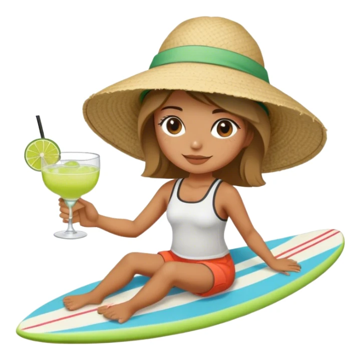 girl on a surf board with margarita and bucket hat sticker