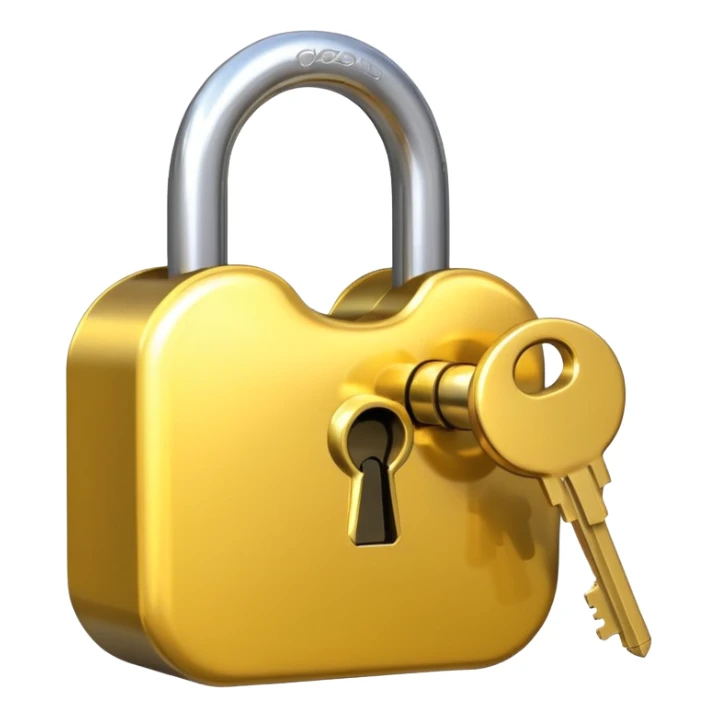 A shiny golden closed padlock with a silver key inserted into the keyhole, centered on a plain background. The lock is smooth and rounded, emoji-like style with clean lines sticker
