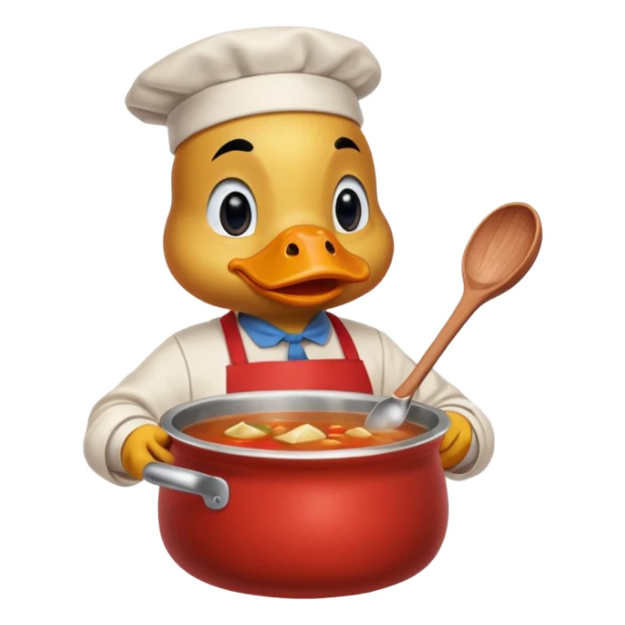 A duck wearing red apron stirring soup in a small pot, looking very focused. sticker