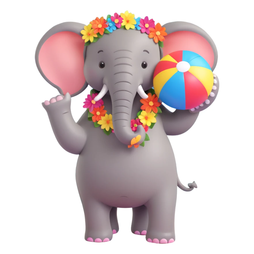 elephant with a beach ball, wearing flip-flops and a floral lei, summer theme sticker