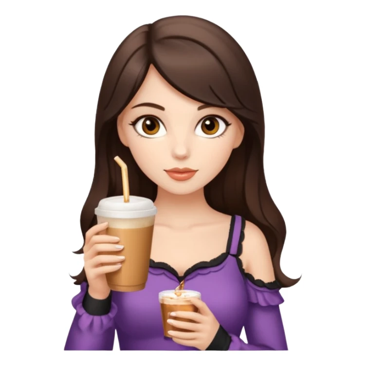 white brunette with brown eyes and a coquette outfit, drrinking caramel machiatto sticker