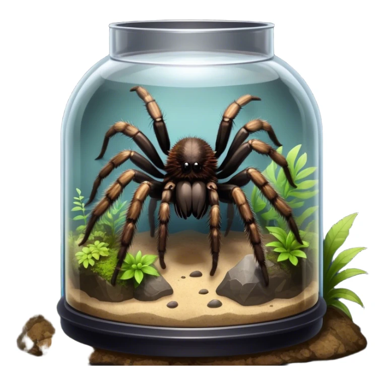 Close-up collage of a pet spider like tarantula, inside a large terrarium. Soft natural lighting highlights their textures and details. Transparent background sticker