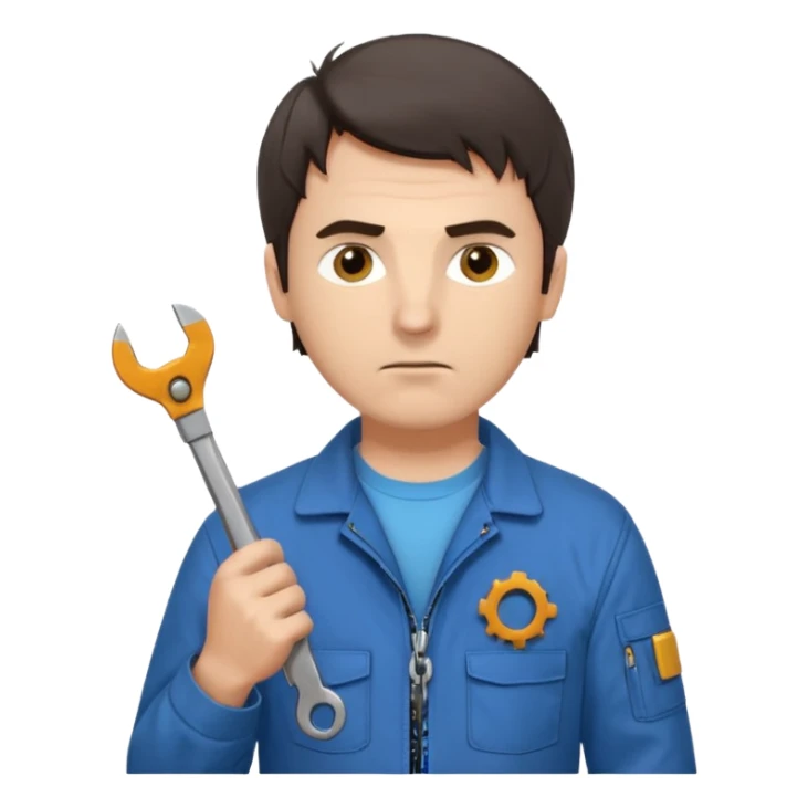 Calm and independent male technician, Caucasian features, short tousled dark hair, serious but composed expression, wearing a blue work jacket over a grey t-shirt, holding a wrench in one hand and a mechanical gear in the other, waist-up, front-facing sticker