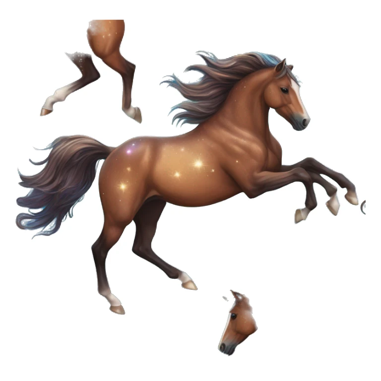 Ethereal glittering iridescent rich chestnut brown brindle blue mane horse galloping through constellations and nebulas, unicorn Pegasus sticker