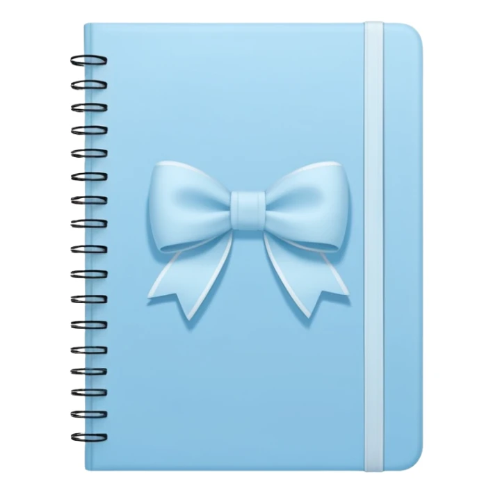 notebook with baby blue cover and white bow drawing on front, minimal, soft colors sticker