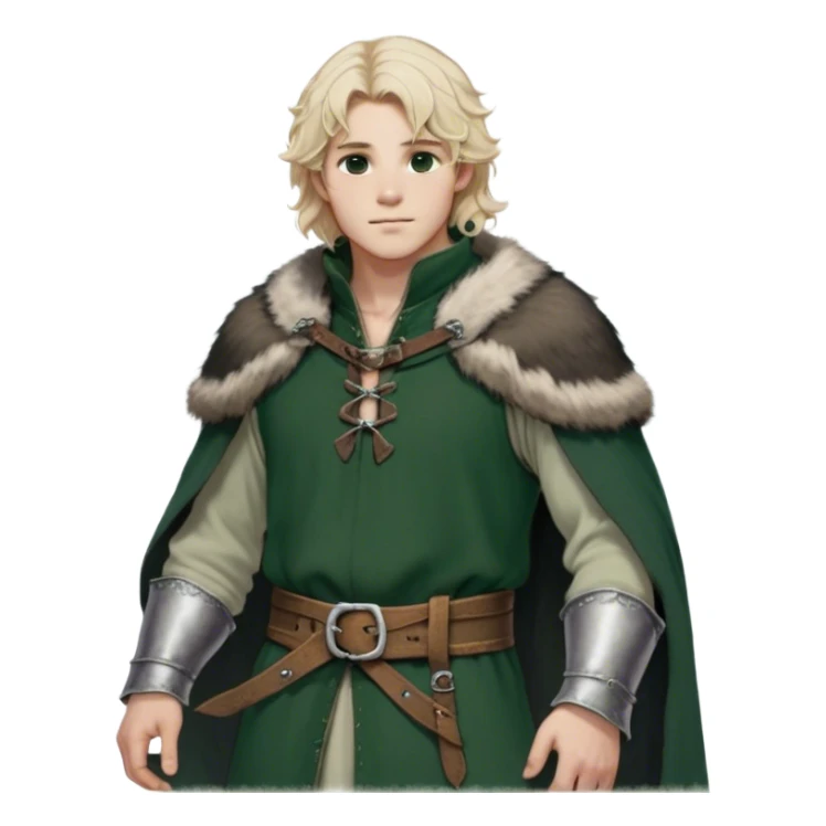 Medieval winter outfit worn by a DnD themed fantasy male character. Double-layered forest green wool tunic with bear fur lining, decorated with pewter toggle closures and a thick woven belt. Clothes only above the waist, full waist coverage. The character has no arms. Character is white-skinned with pale blonde hair, steel gray eyes, and medium-length wavy hair with frost-tipped ends sticker