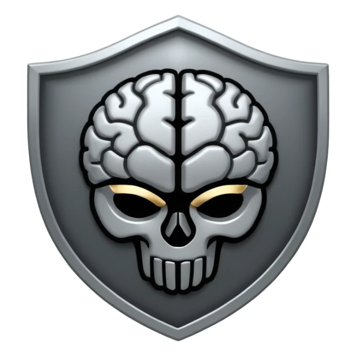 Minimal flat icon of a shield combined with a human brain, symbolizing self-control and mental discipline. Monochrome, premium style, high contrast, no text, dark theme friendly. sticker