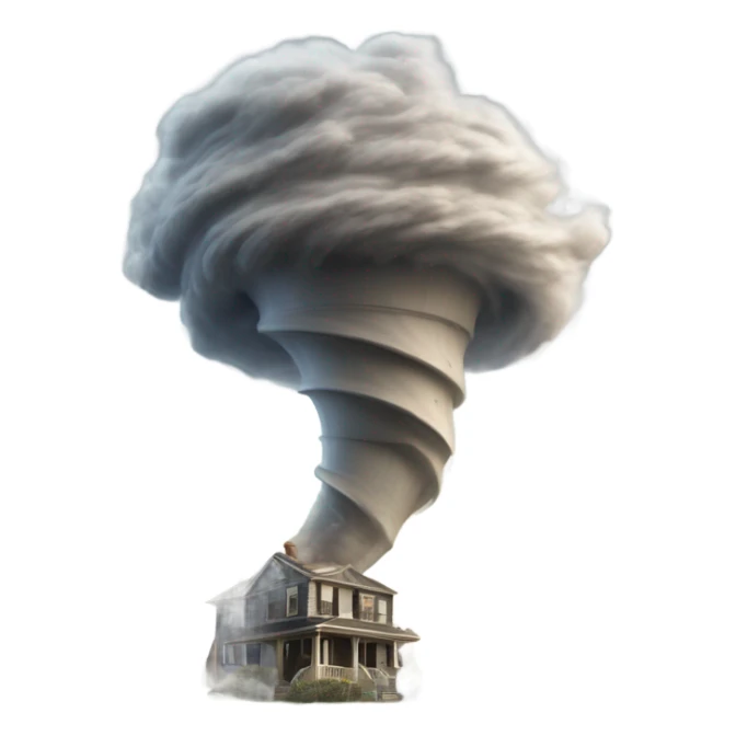  A powerful tornado, made of swirling wind and debris, twisting upward, with dust and objects flying around, creating a chaotic and destructive force. sticker
