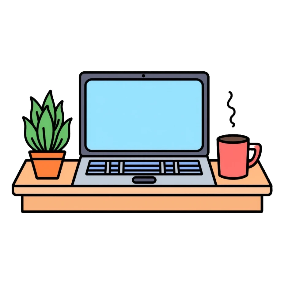 A neat desk workspace with an open laptop, coffee mug, and a small potted plant, minimalist and organized sticker