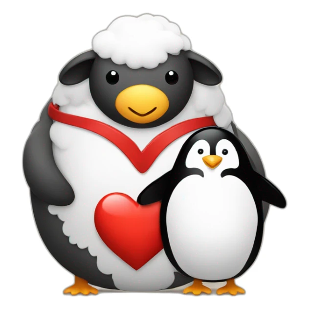 sheep and penguin holding hands with a big heart above them sticker