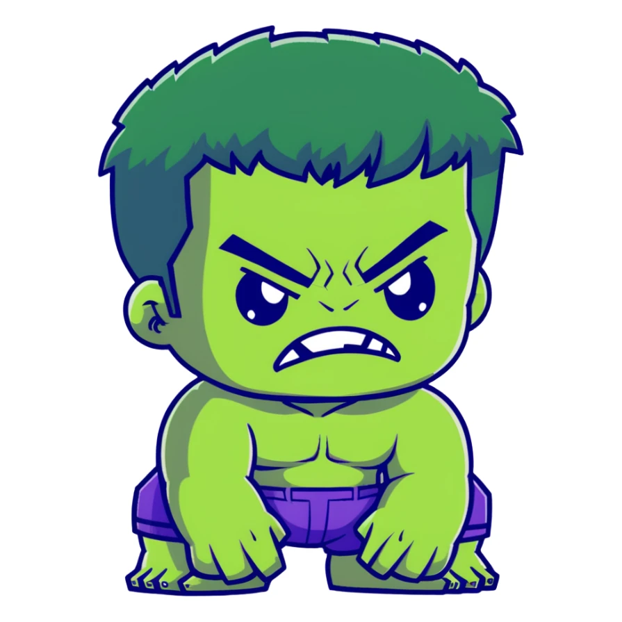 Chibi Hulk, cute small proportions, big head, tiny body, adorable angry expression, green skin, purple shorts sticker