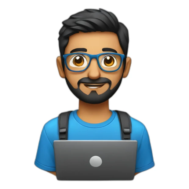 indian physics phd student holding a laser with a short beard and round glasses in a blue t shirt with black hair and a laptop bag sticker