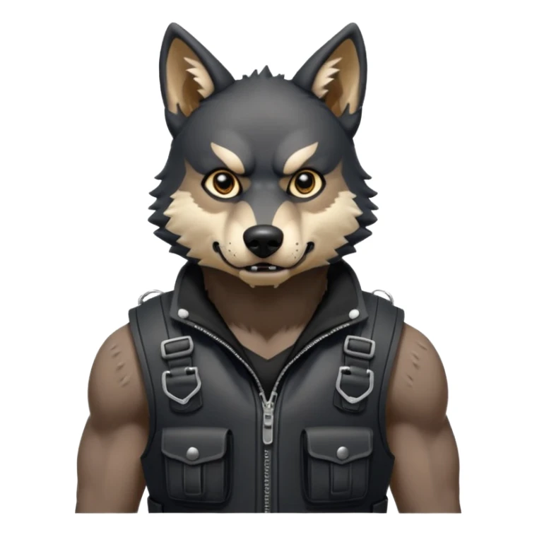 A full black anthropomorphic wolf with white marks, he is wearing a rubber like dog muzzle, and his ears are standing up with a variety of piercings. He has a black tactical vest on, and he is in a grumpy mood, his arms just hanging by his side sticker
